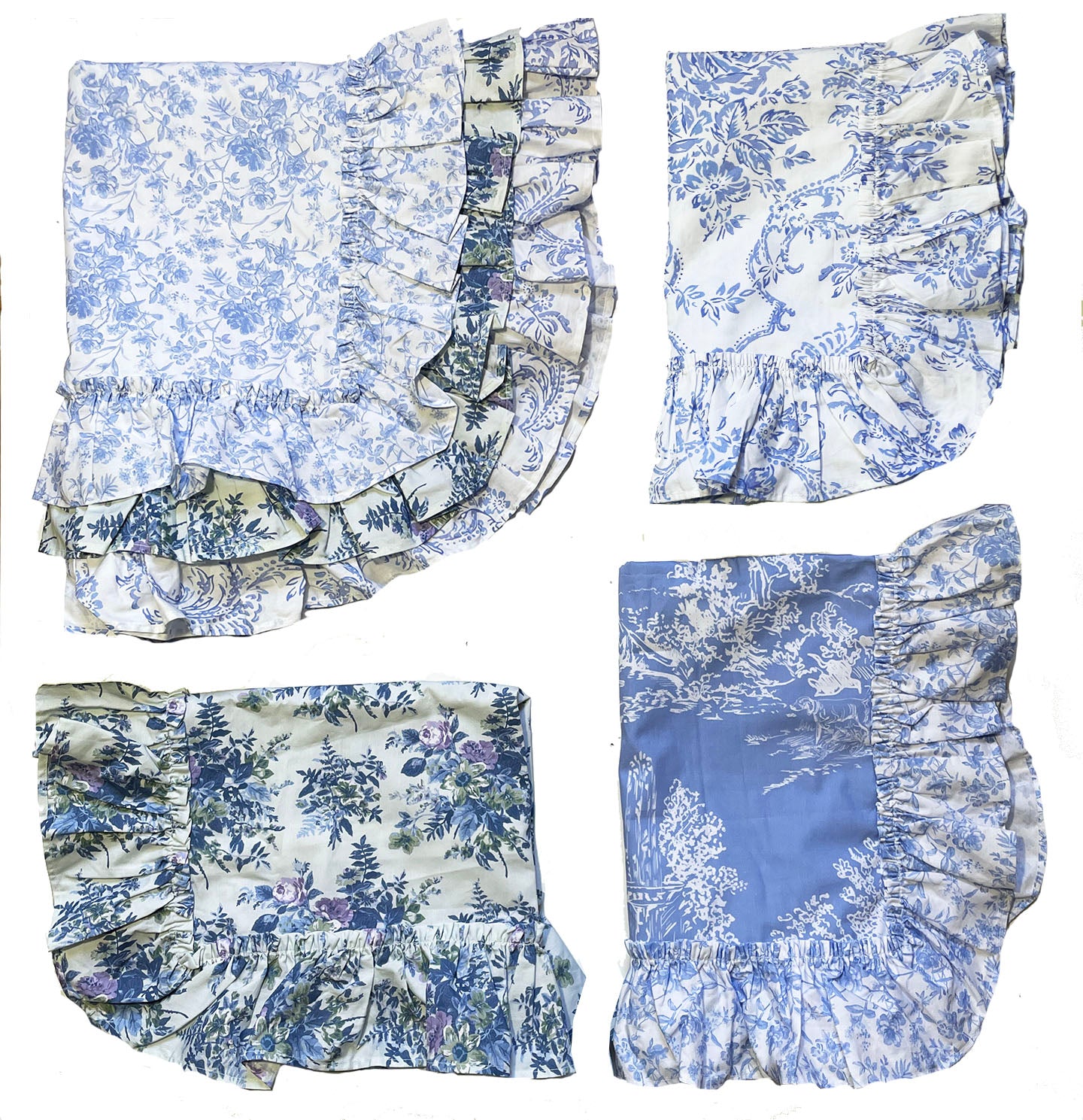 Mix & Match Pretty Toile Tatter Ruffle Sample Set/4 Blues Linen