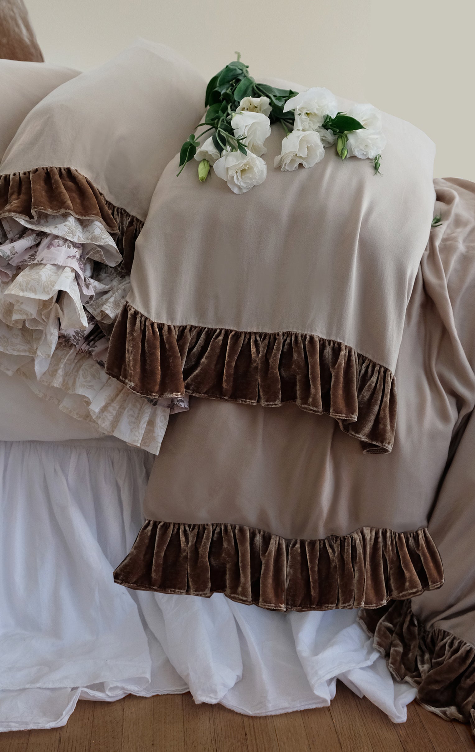 Charlotte Silk Velvet Ruffle Collection Taupe Linen Salvage Et Cie