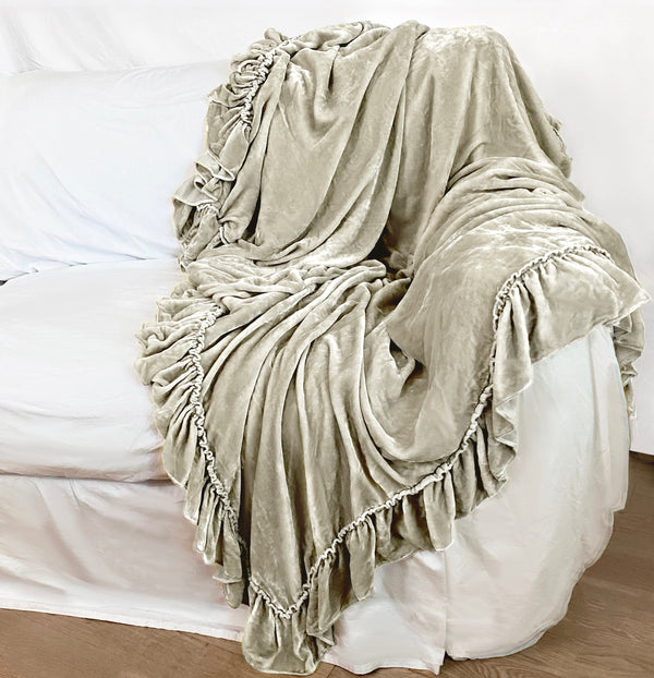 1 Unit-  Silk Velvet Isabella Tatter Ruffle Medium Throw - Champagne