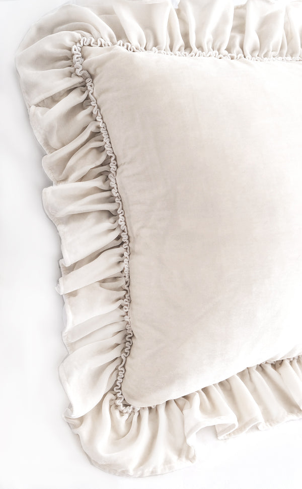 Isabella Tatter Velvet Ruffle Linen Toss Pillow - Crème