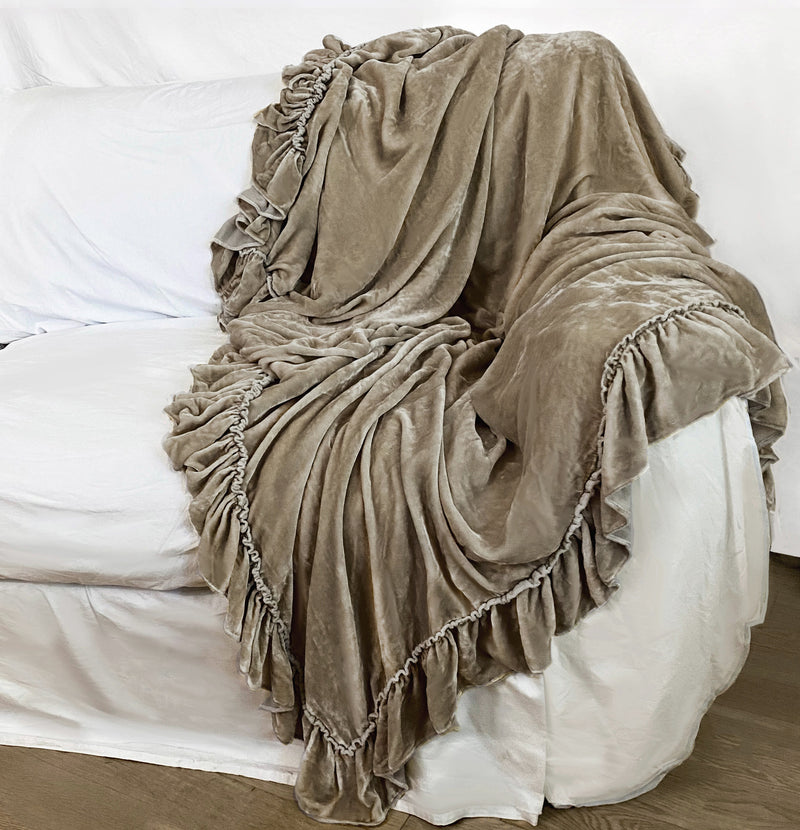 Isabella Silk Velvet Tatter Ruffle Throw - Natural