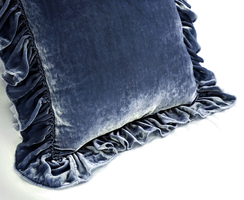 Isabella Tatter Velvet Ruffle Linen Toss Pillow - Denim