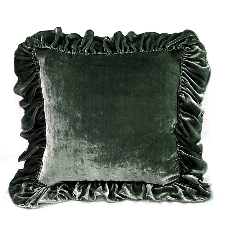 Isabella Tatter Velvet Ruffle Linen Toss Pillow - Aloe