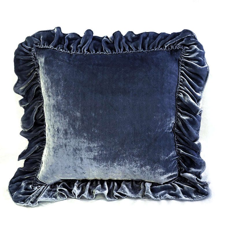 Isabella Tatter Velvet Ruffle Linen Toss Pillow - Denim