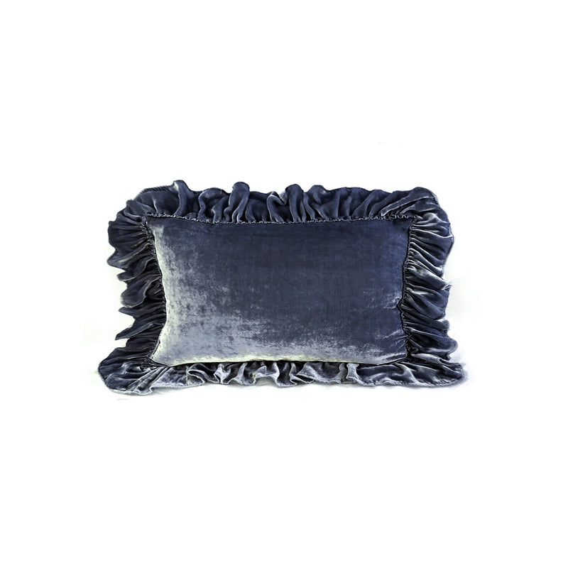 Isabella Tatter Velvet Ruffle Linen Toss Pillow - Denim