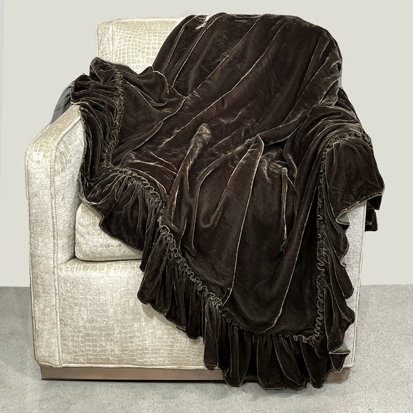 Isabella Silk Velvet Tatter Ruffle Throw - Cacao