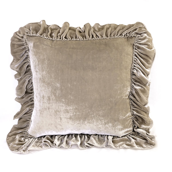 Isabella Tatter Velvet Ruffle Linen Toss Pillow - Champagne