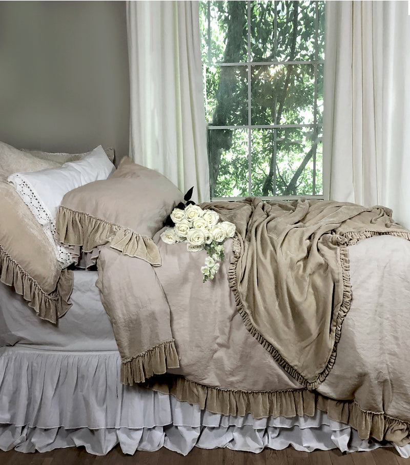Luxe Collector Set-  Isabella Tatter Silk Velvet Ruffle Linen 3 PC King Set-Natural