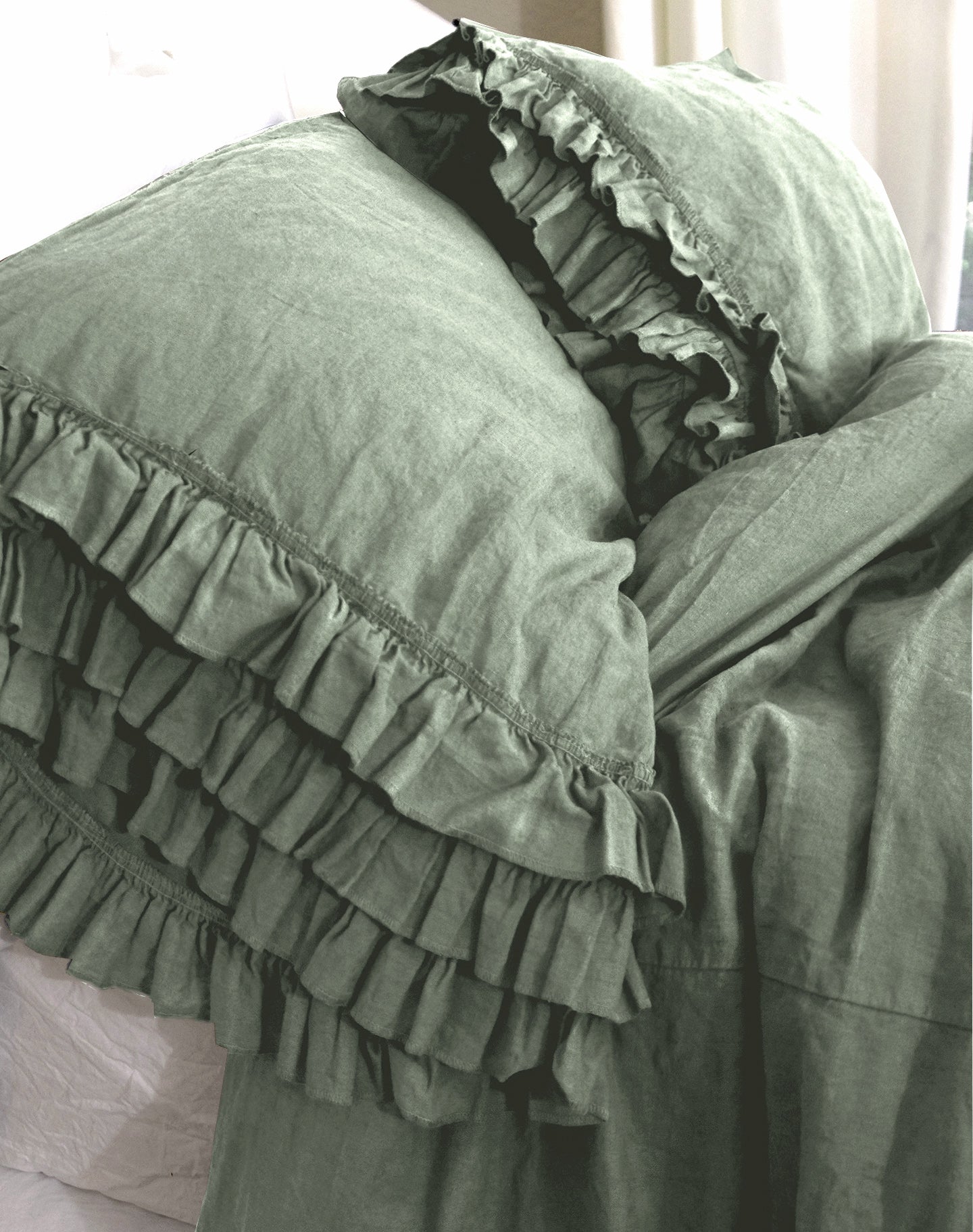 Linen Ruffles Color NEW! Gypsy Ruffle Linen Collection - Sage – Linen Salvage Et Cie