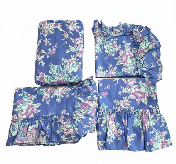 Collector's Unique Set- Austin Rose 4 Pc Twin Duvet Set - Duvet, Std Sham, Std Pillowcase, and 12x12 Toss Pillow- True Blue