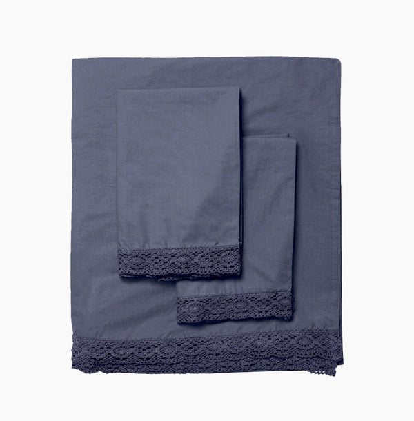 Elle Crochet Edge Sheet Set - Indigo - Linen Salvage Et Cie