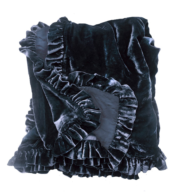 Silk Velvet Ruffle Linen Throw- Indigo - Linen Salvage Et Cie