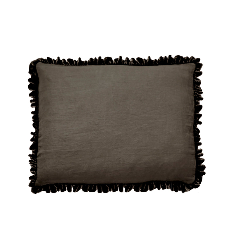 Silk Velvet Ruffle Linen Sham - Cocoa - Linen Salvage Et Cie