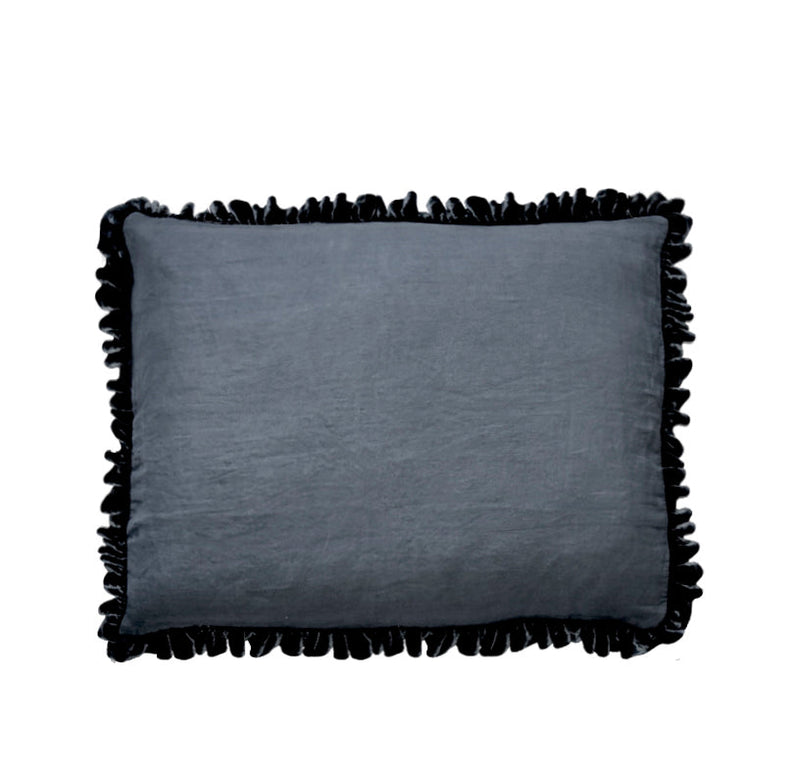 Silk Velvet Ruffle Linen Sham - Coal - Linen Salvage Et Cie