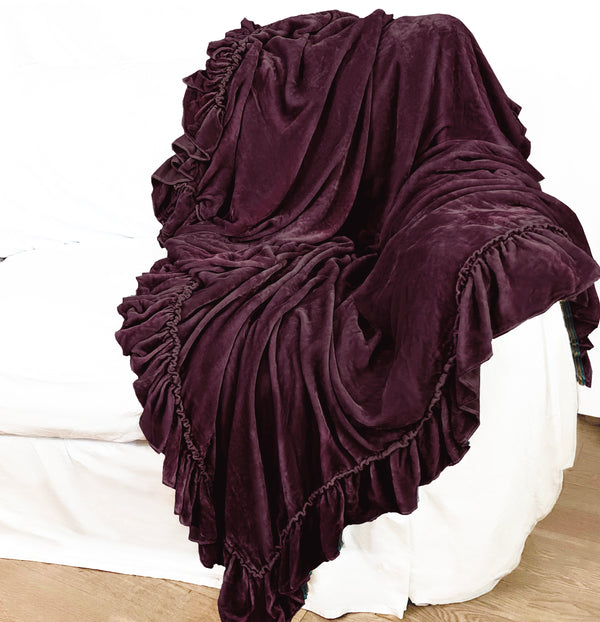 NEW! Silk Tatter Velvet Ruffle Throw - Aubergine - Linen Salvage Et Cie