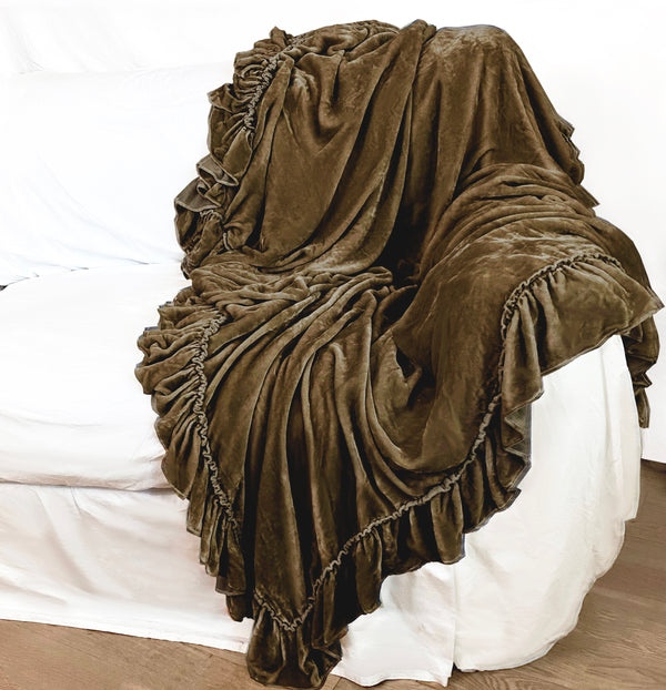 NEW! Silk Tatter Velvet Ruffle Throw - MOJAVE TOPAZ - Linen Salvage Et Cie