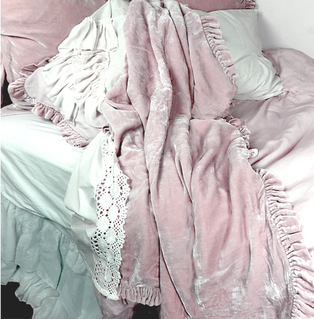 Silk Velvet Ruffle Throw - Rose Blush - Linen Salvage Et Cie