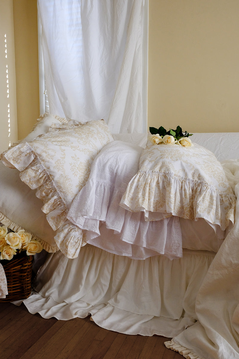 Celeste Double Ruffle Sateen Bedskirt-Creme - Linen Salvage Et Cie