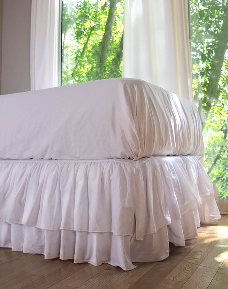 Estelle Double Ruffle Voile BedskirtWhite Linen Salvage Et Cie
